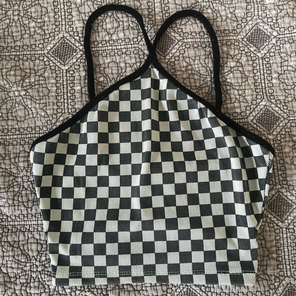 PLT XS checkered print halter top